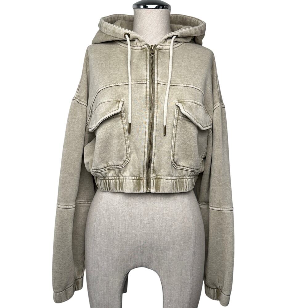 Urban Outfitters Cropped Zip Hoodie Washed Khaki Beige Utility Pockets Sz Small